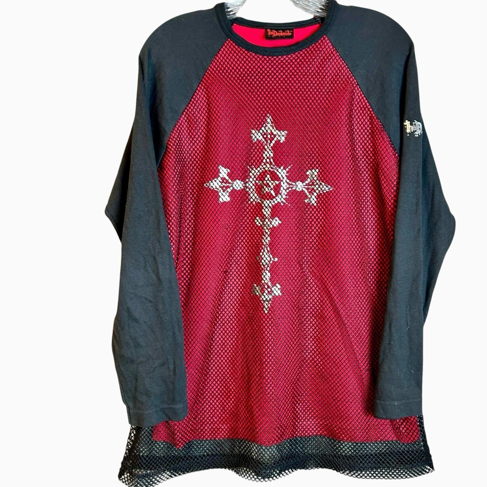 DarKSidE Gothic Mesh Tunic Mini Dress Size 2 Med Cross print Ranglan Twofer